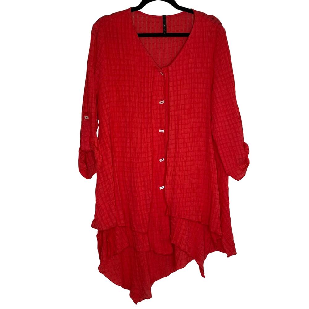 IC by Connie K Coral Red Button Up Gauzy Layered Lagenlook Boho Blouse Large